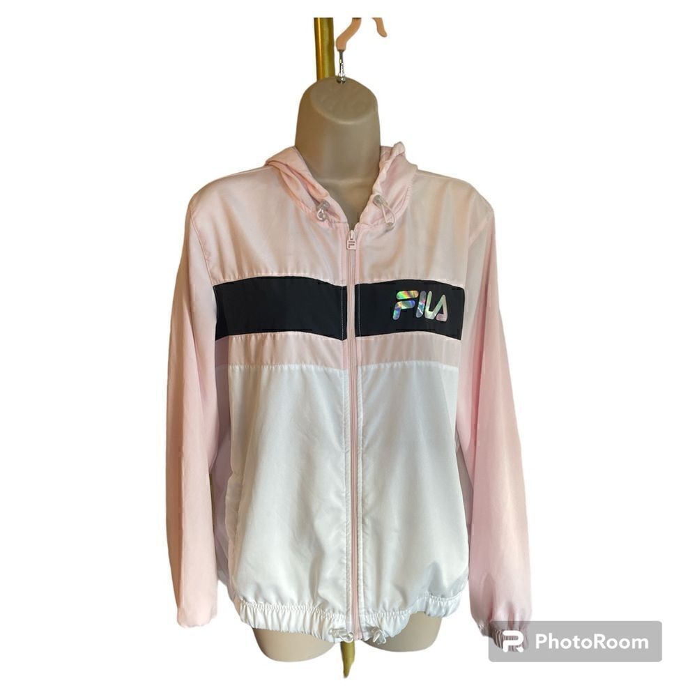 FILA Womens Pink/Black/WhiteโZipโFrontโHoodedโWindbreakerโSizeโM